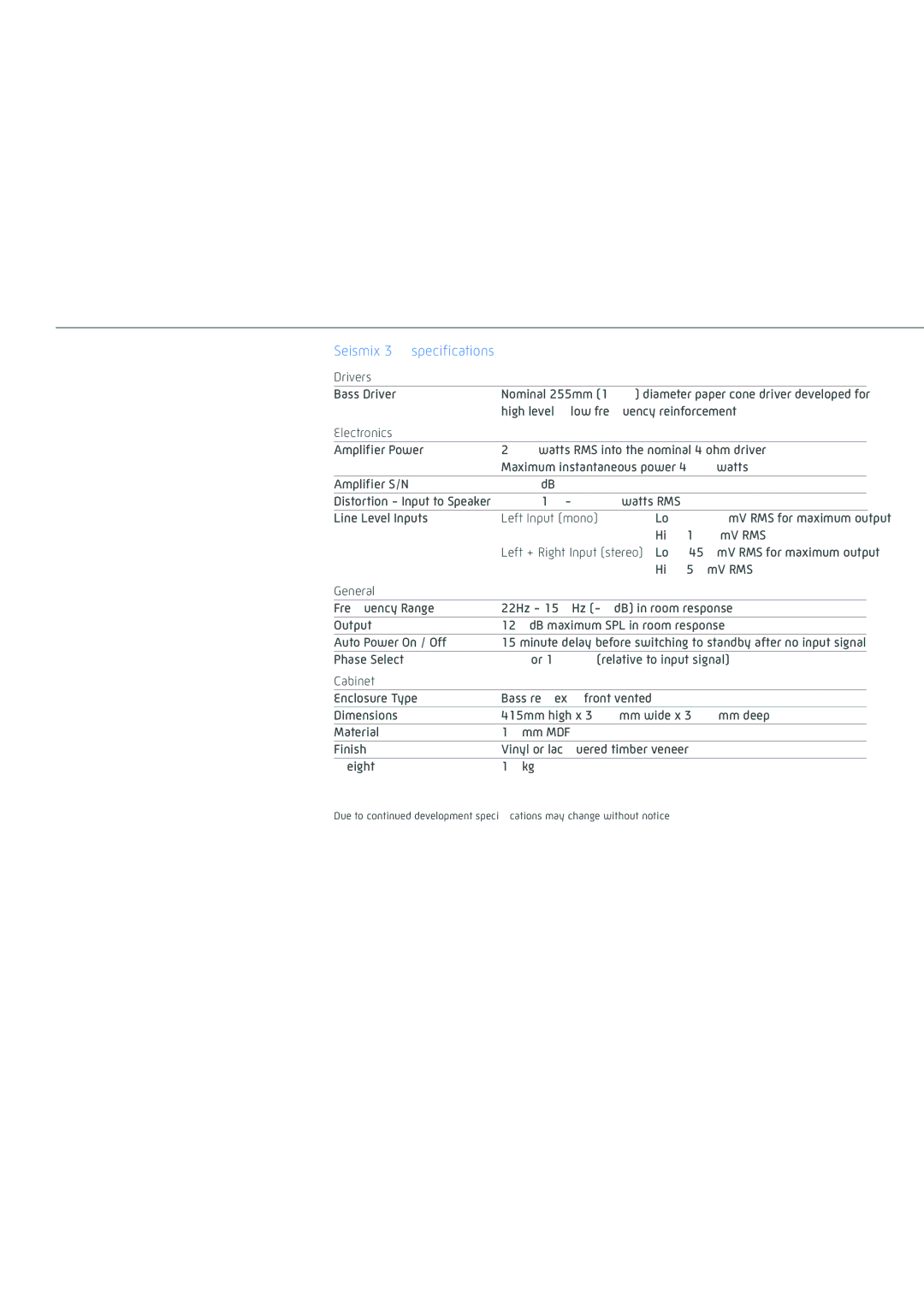 Krix Seismix 5 owner manual Seismix 3 specifications 