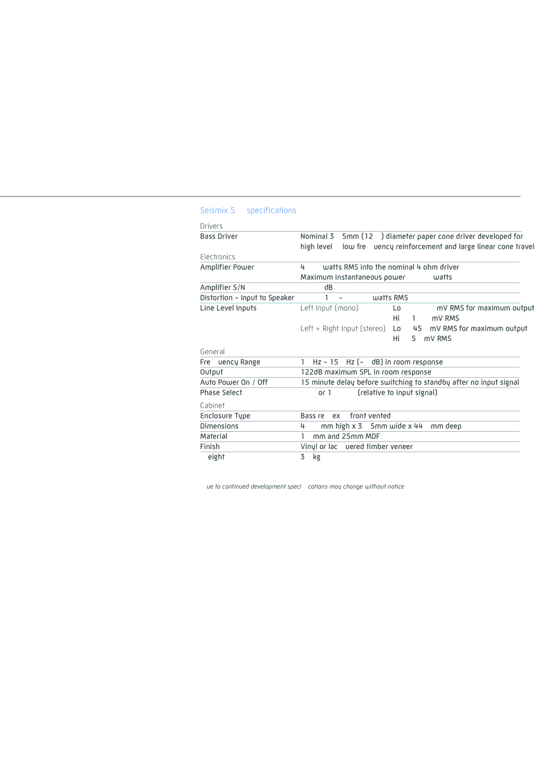 Krix Seismix 3 owner manual Seismix 5 specifications 