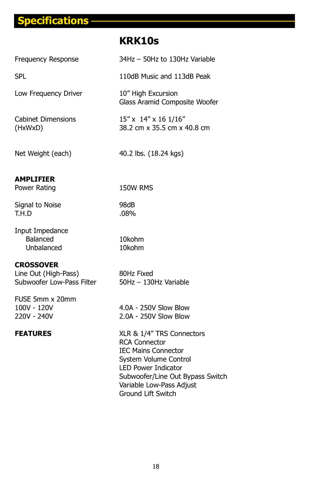 KRK 10S manual Specifications, KRK10s 