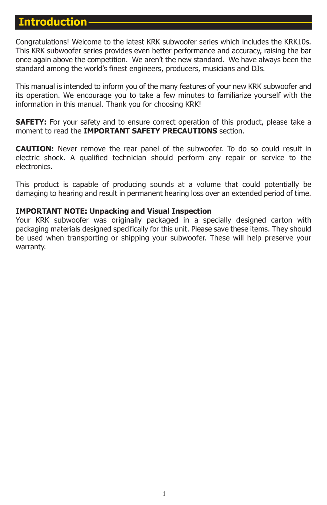 KRK 10S manual Introduction, Important Note Unpacking and Visual Inspection 