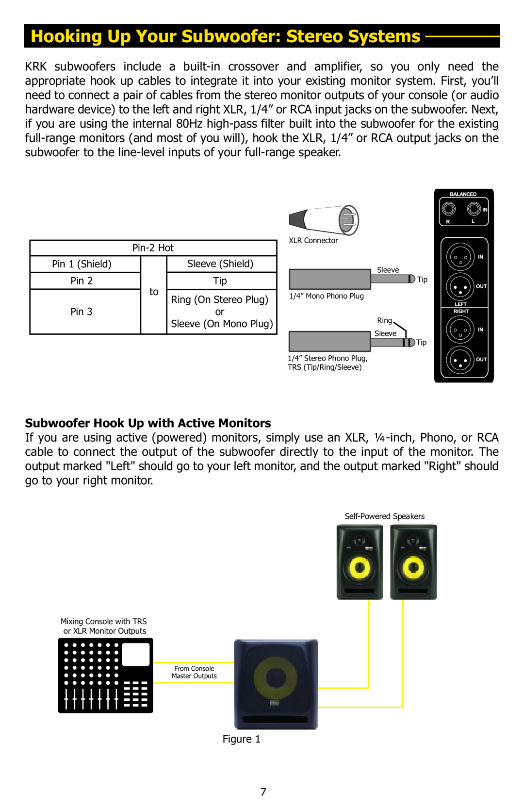 KRK 10S manual Hooking Up Your Subwoofer Stereo Systems, Subwoofer Hook Up with Active Monitors 
