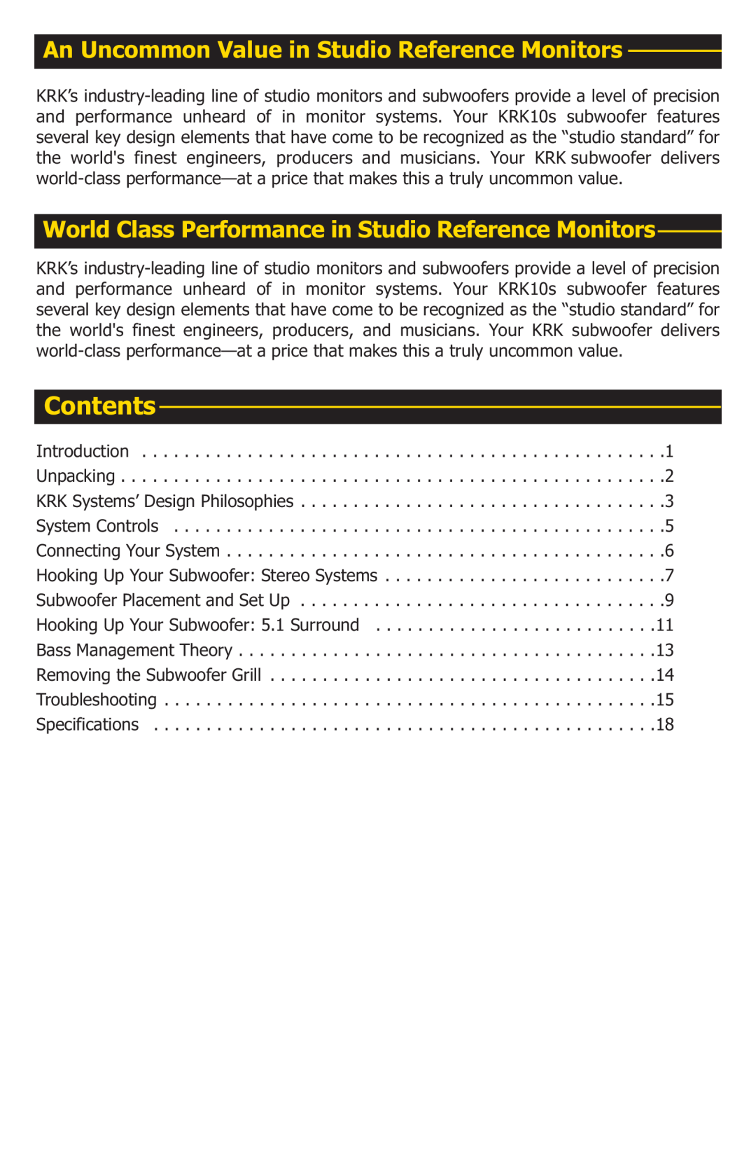 KRK 10S manual Contents, An Uncommon Value in Studio Reference Monitors 