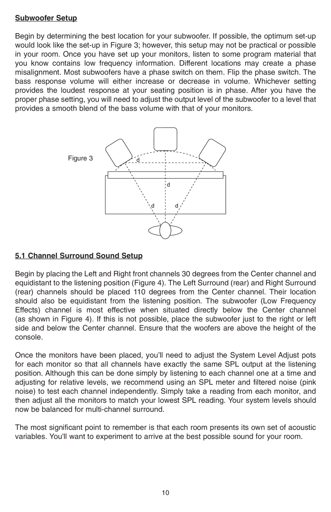 KRK E8B manual Subwoofer Setup, Channel Surround Sound Setup 