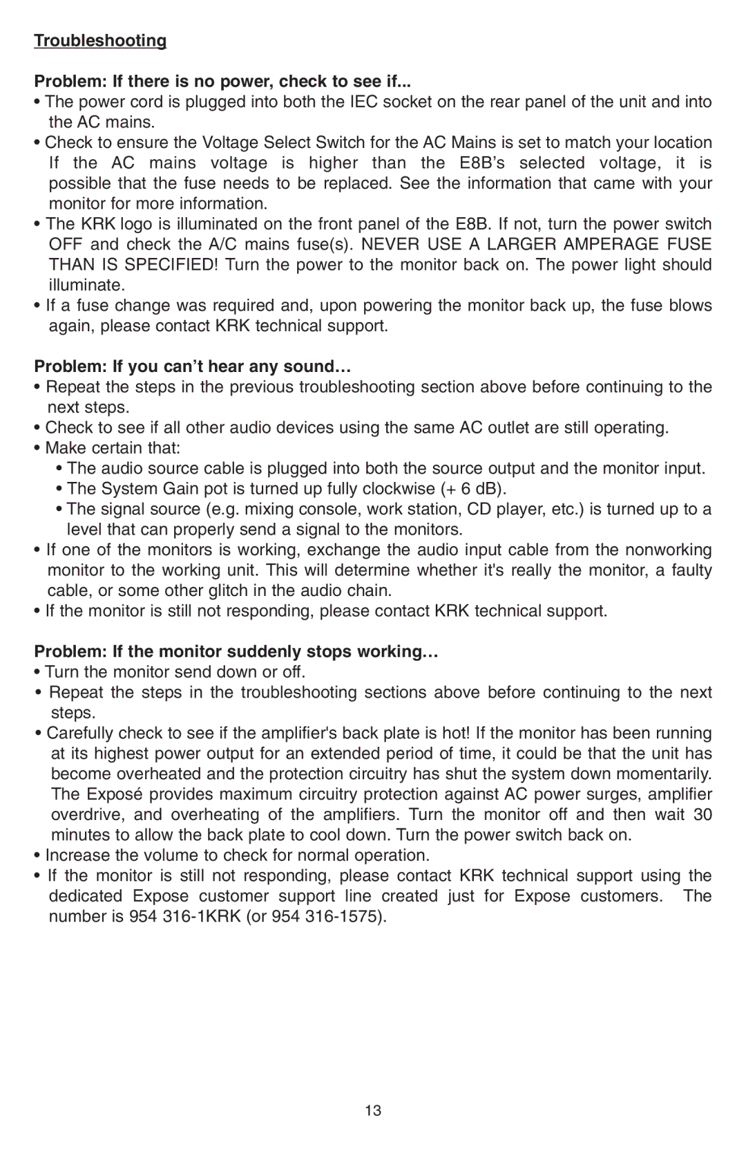 KRK E8B manual Problem If you can’t hear any sound…, Problem If the monitor suddenly stops working… 