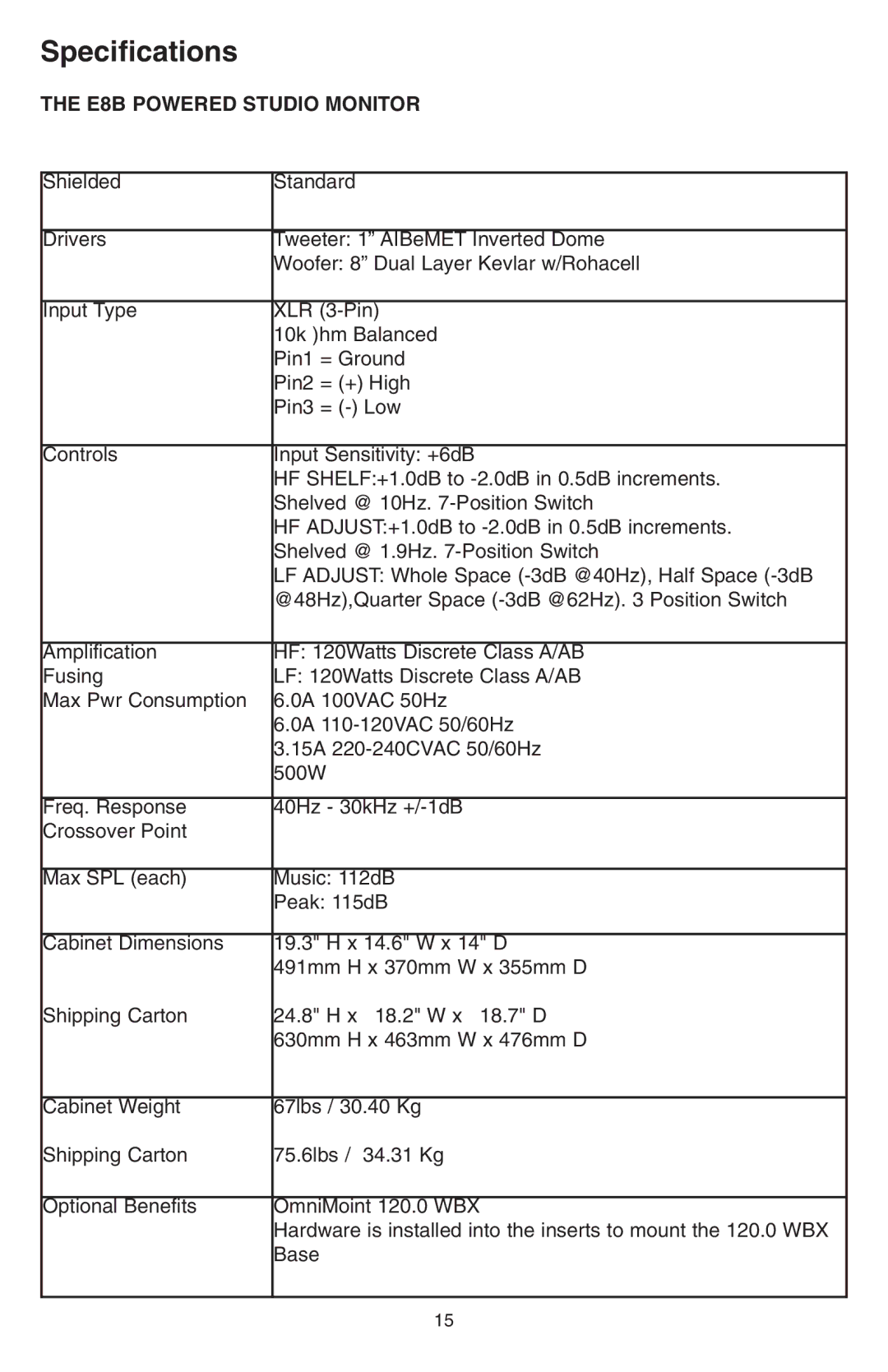 KRK manual Specifications, E8B Powered Studio Monitor 