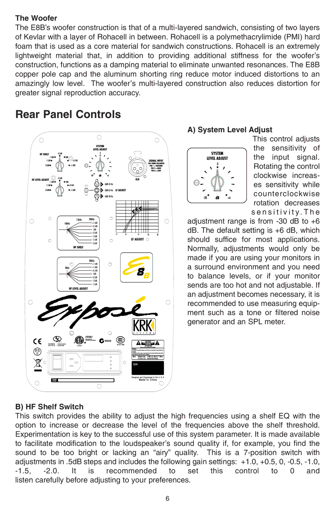 KRK E8B manual Rear Panel Controls, Woofer, System Level Adjust, HF Shelf Switch 