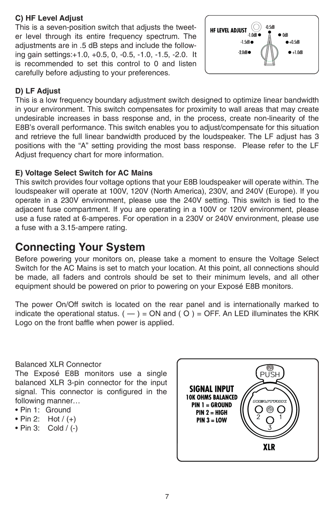 KRK E8B manual Connecting Your System, HF Level Adjust, LF Adjust, Voltage Select Switch for AC Mains 