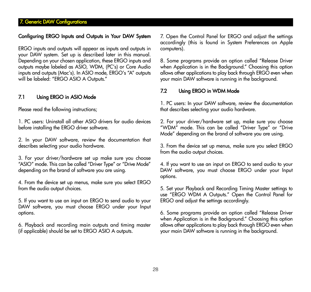 KRK ERGO manual Generic DAW Configurations 