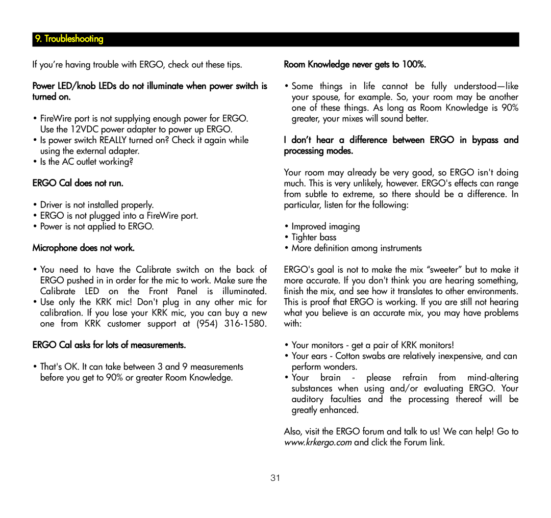 KRK ERGO manual Troubleshooting 