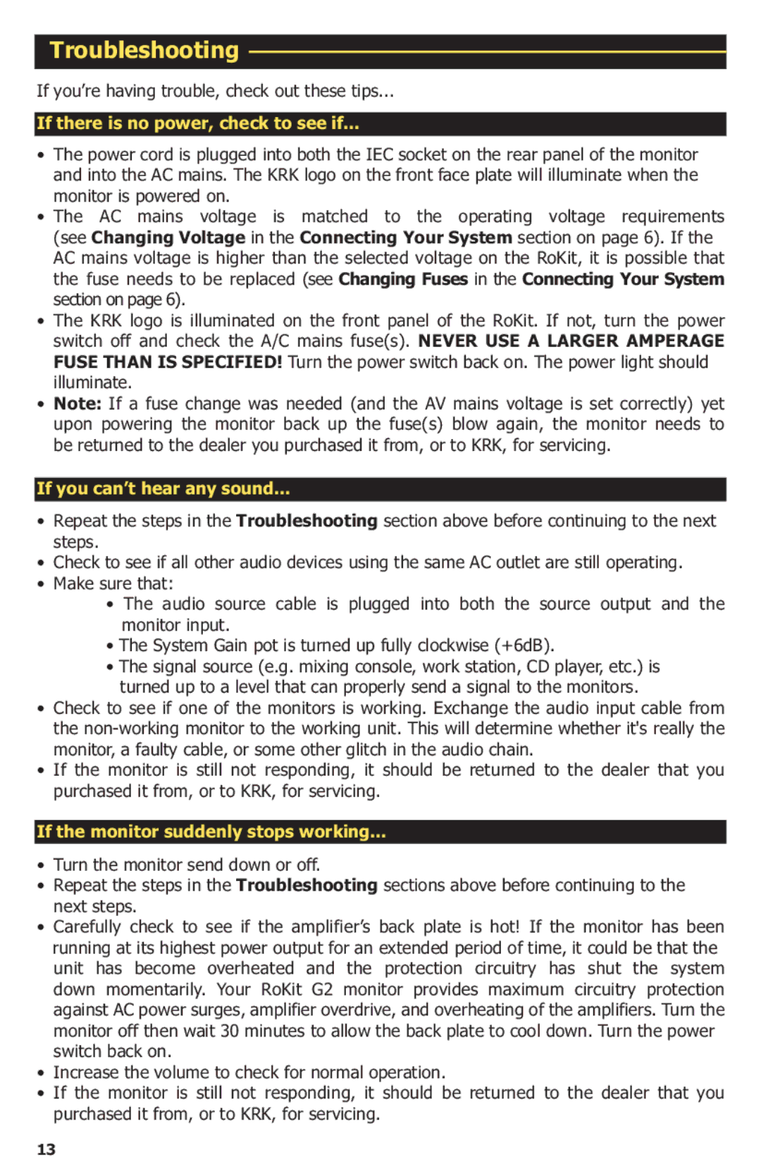 KRK G2 manual Troubleshooting, If there is no power, check to see if 