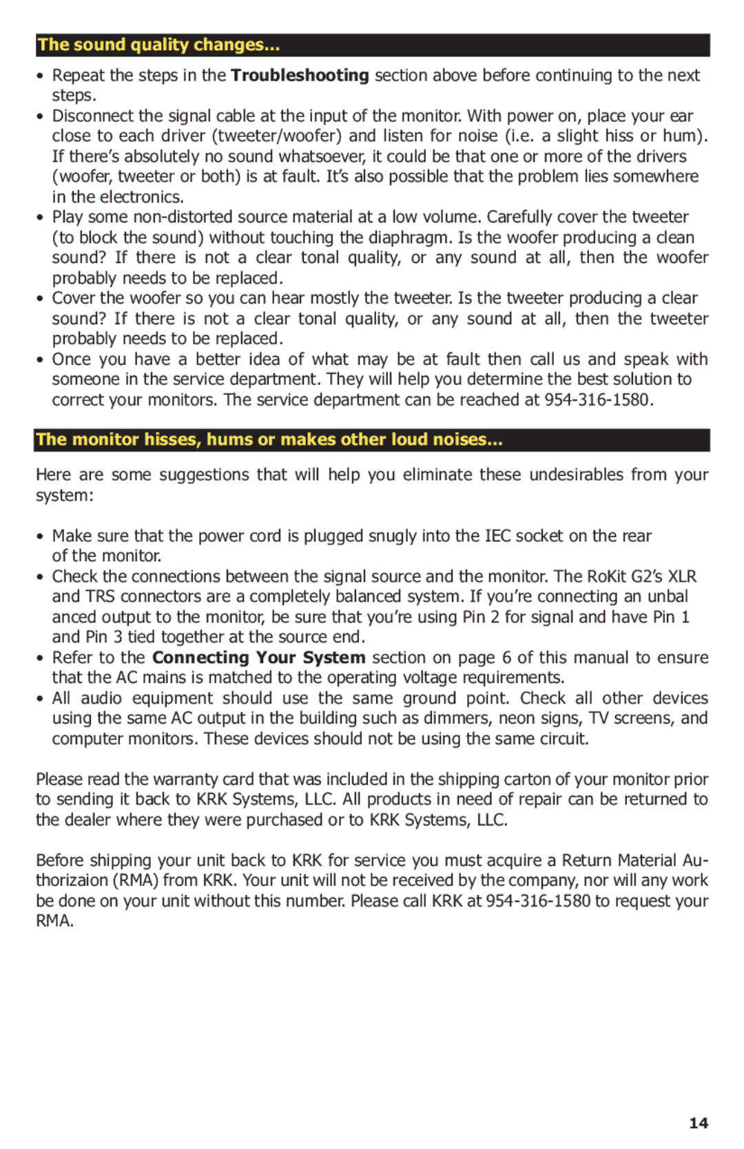 KRK G2 manual Sound quality changes 