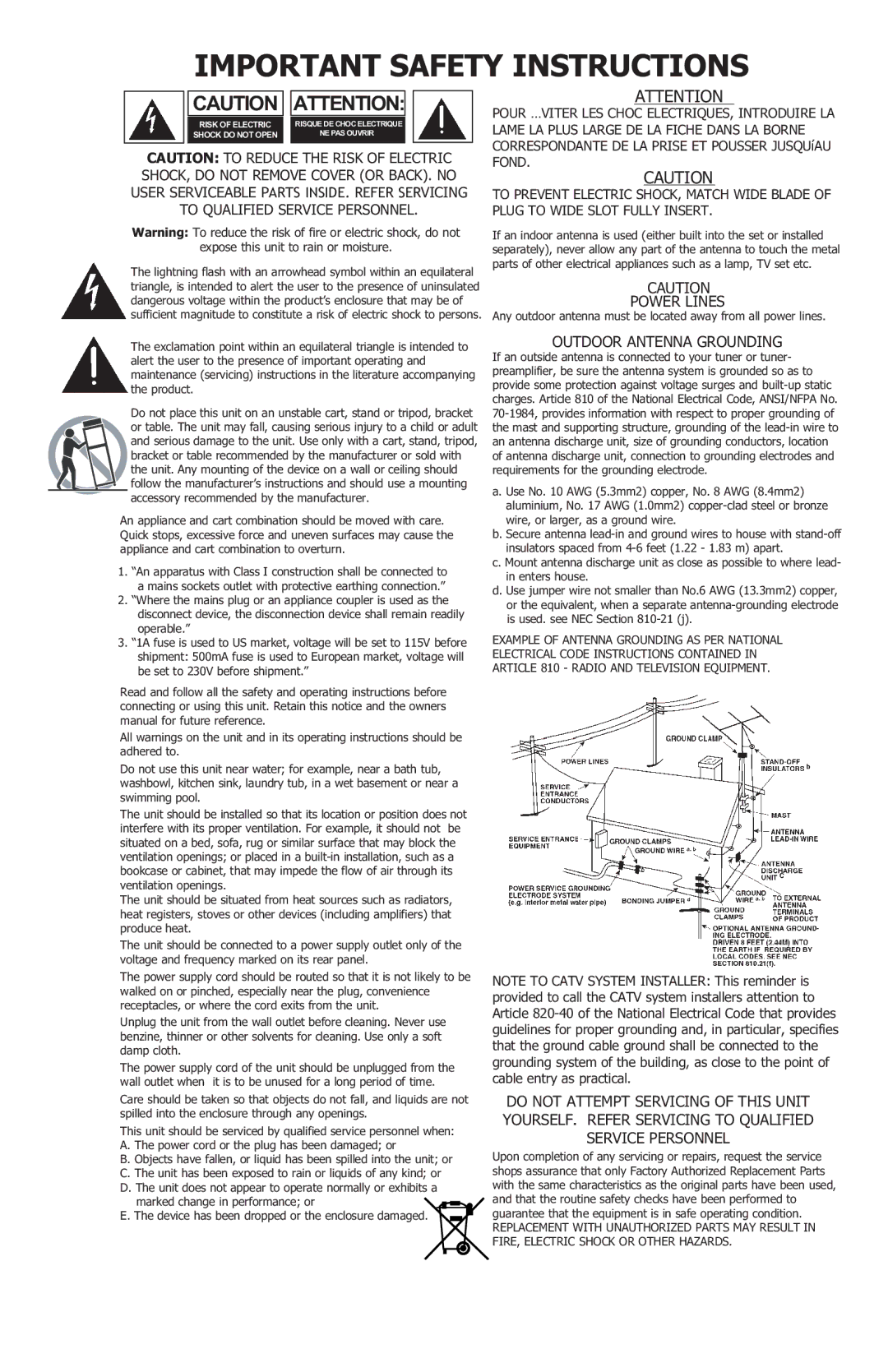 KRK G2 manual Important Safety Instructions 