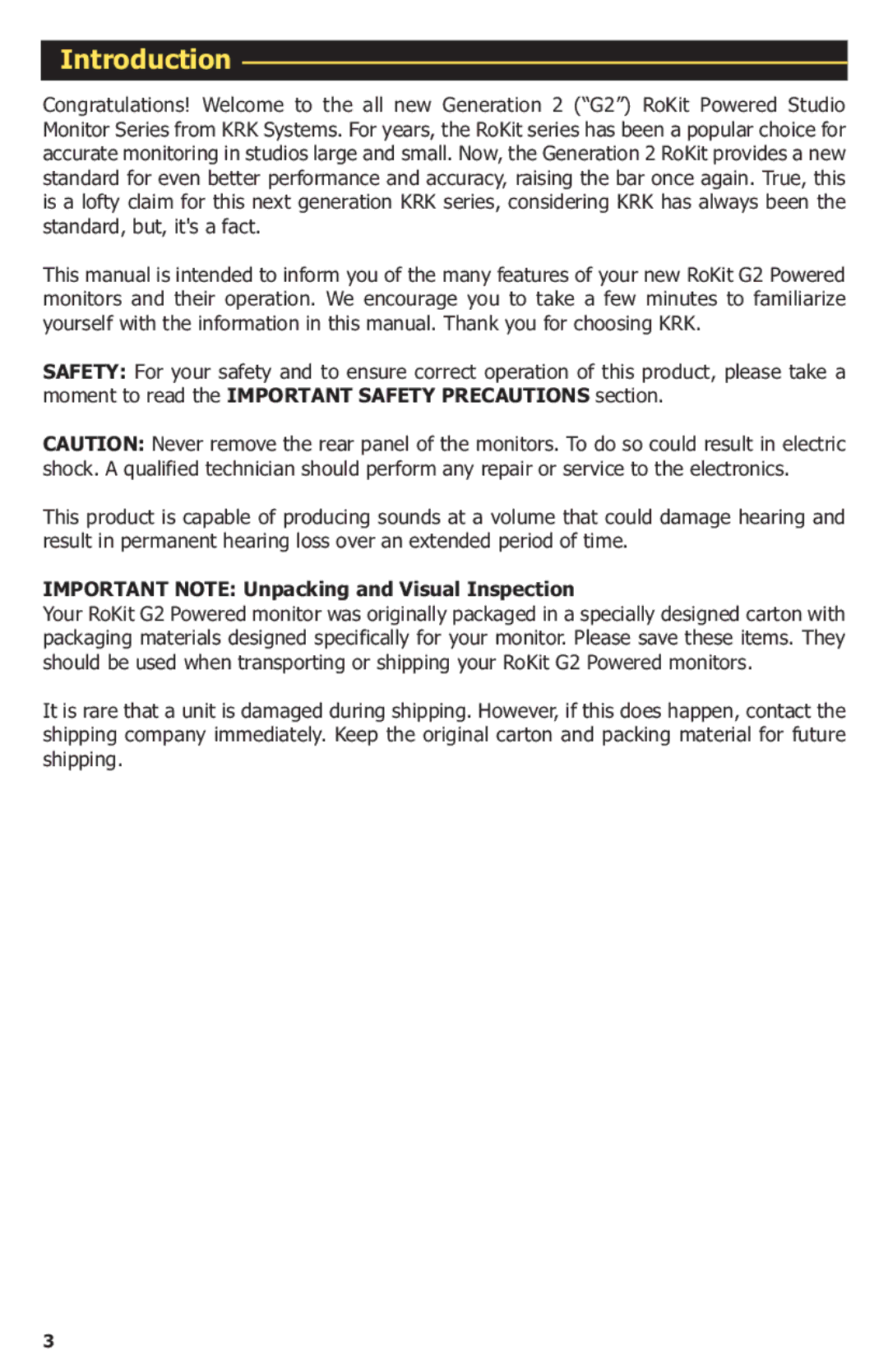 KRK G2 manual Introduction, Important Note Unpacking and Visual Inspection 