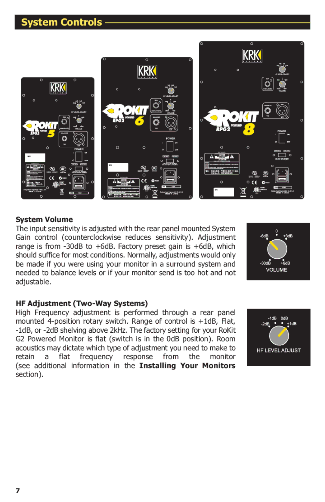 KRK G2 manual System Controls, System Volume, HF Adjustment Two-Way Systems 