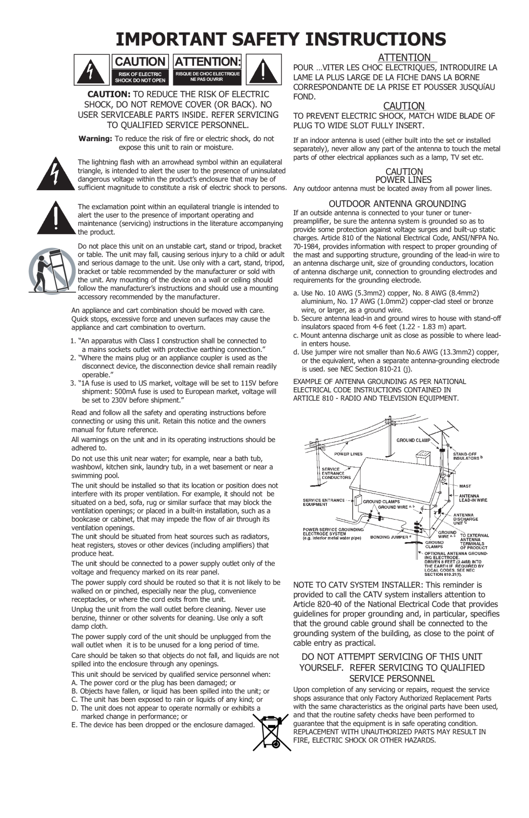 KRK G2 manual Important Safety Instructions, Cautionattention, Power Lines, Outdoor Antenna Grounding 