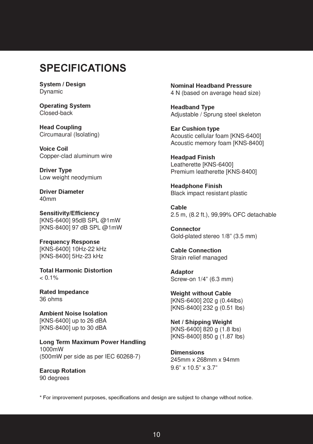 KRK KNS6400, KNS8400 user manual Specifications, Dimensions 