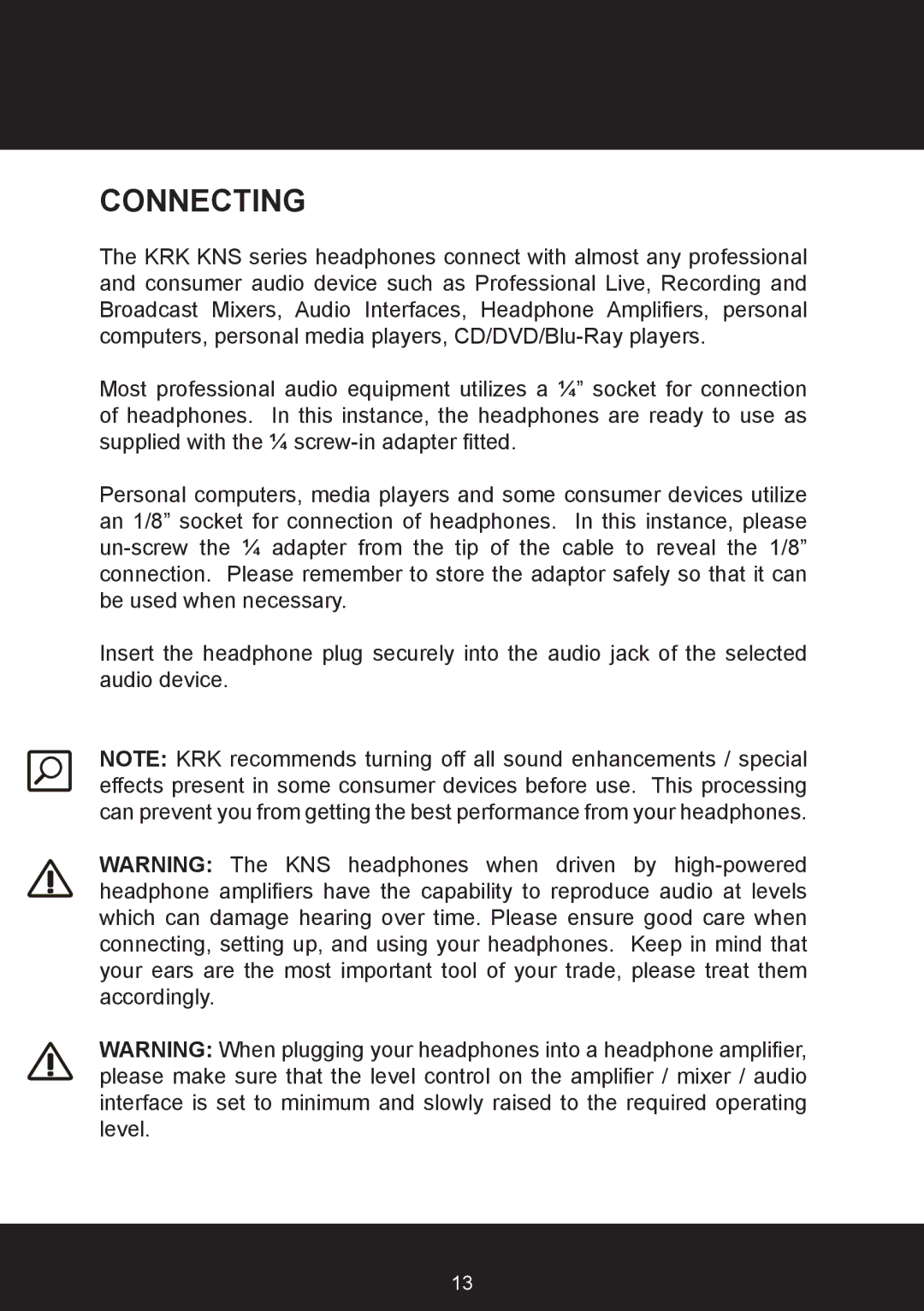 KRK KNS8400, KNS6400 user manual Connecting 