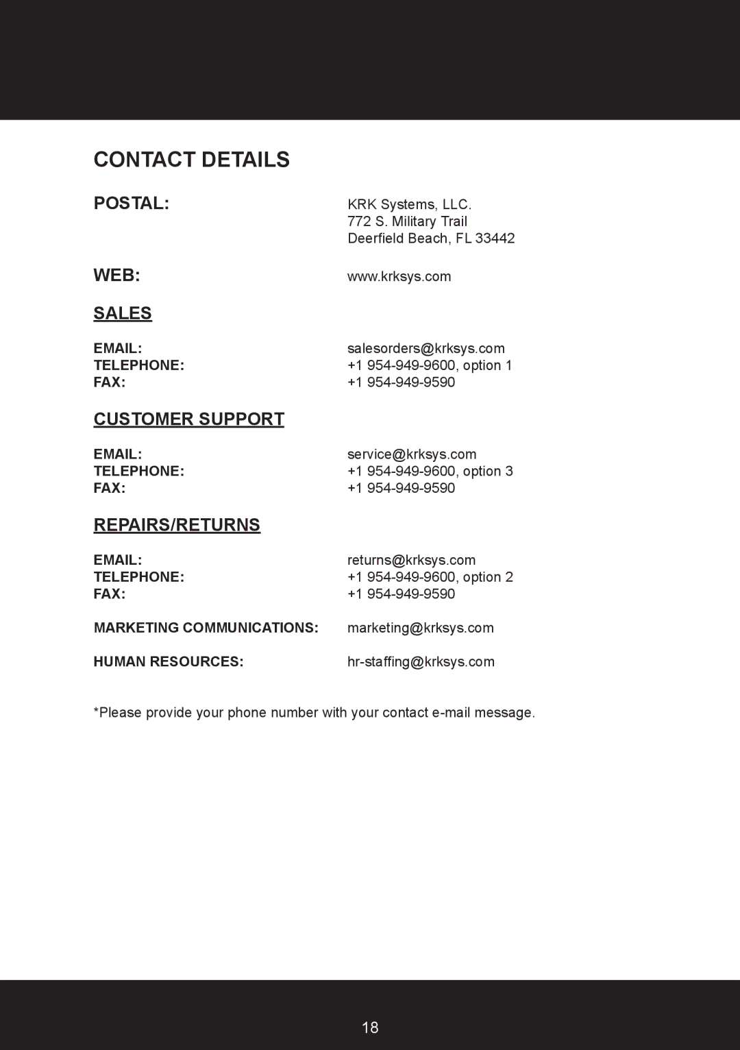 KRK KNS6400, KNS8400 user manual Contact Details 