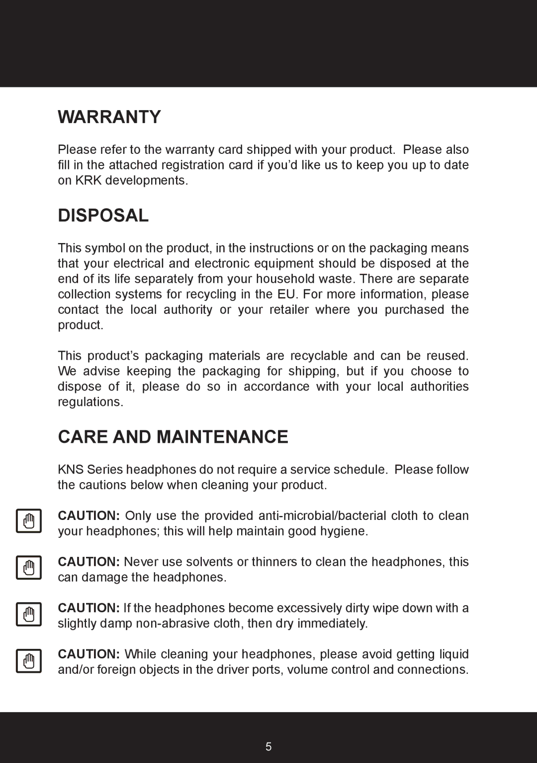 KRK KNS8400, KNS6400 user manual Warranty, Disposal, Care and Maintenance 