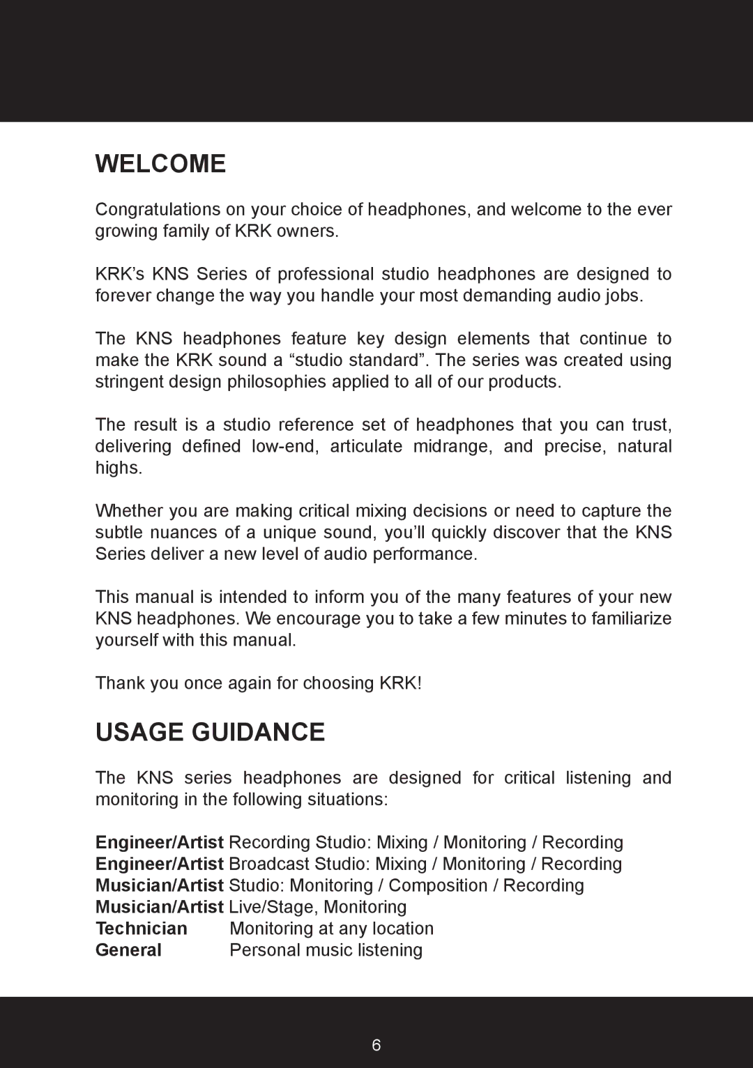 KRK KNS6400, KNS8400 user manual Welcome, Usage Guidance 