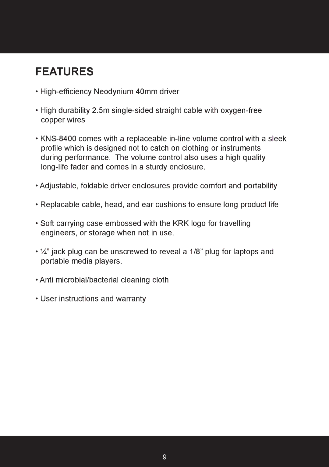 KRK KNS8400, KNS6400 user manual Features 