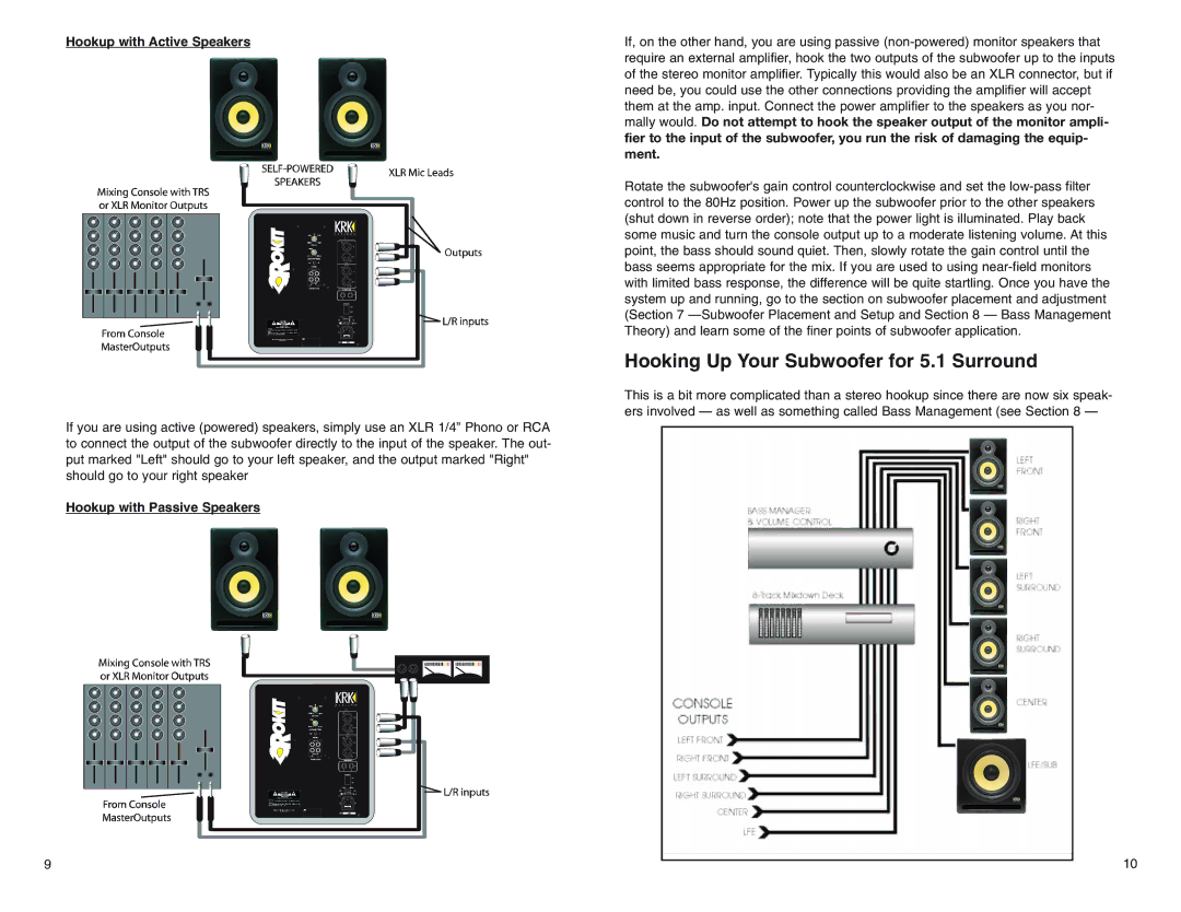 KRK ROKIT POWERED SERIES manual Hooking Up Your Subwoofer for 5.1 Surround, Hookup with Active Speakers 