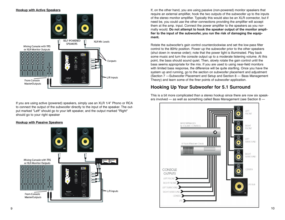 KRK ROKIT POWERED SERIES manual Hooking Up Your Subwoofer for 5.1 Surround, Hookup with Active Speakers 