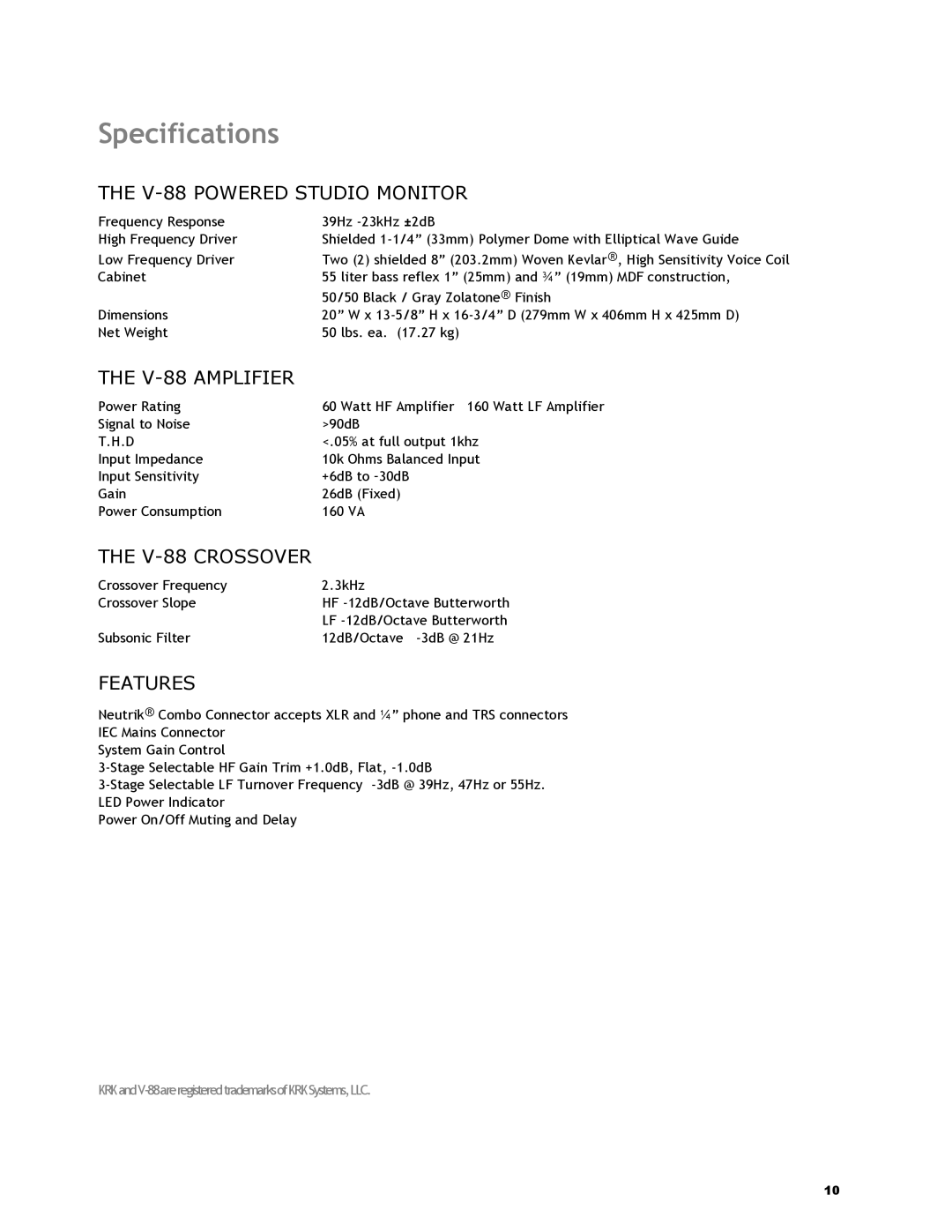 KRK manual Specifications, V-88 Powered Studio Monitor 