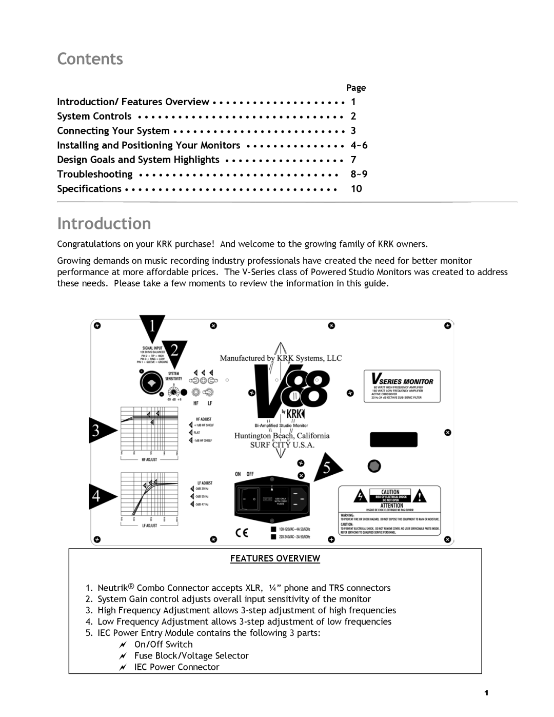 KRK V-88 manual Contents, Introduction 