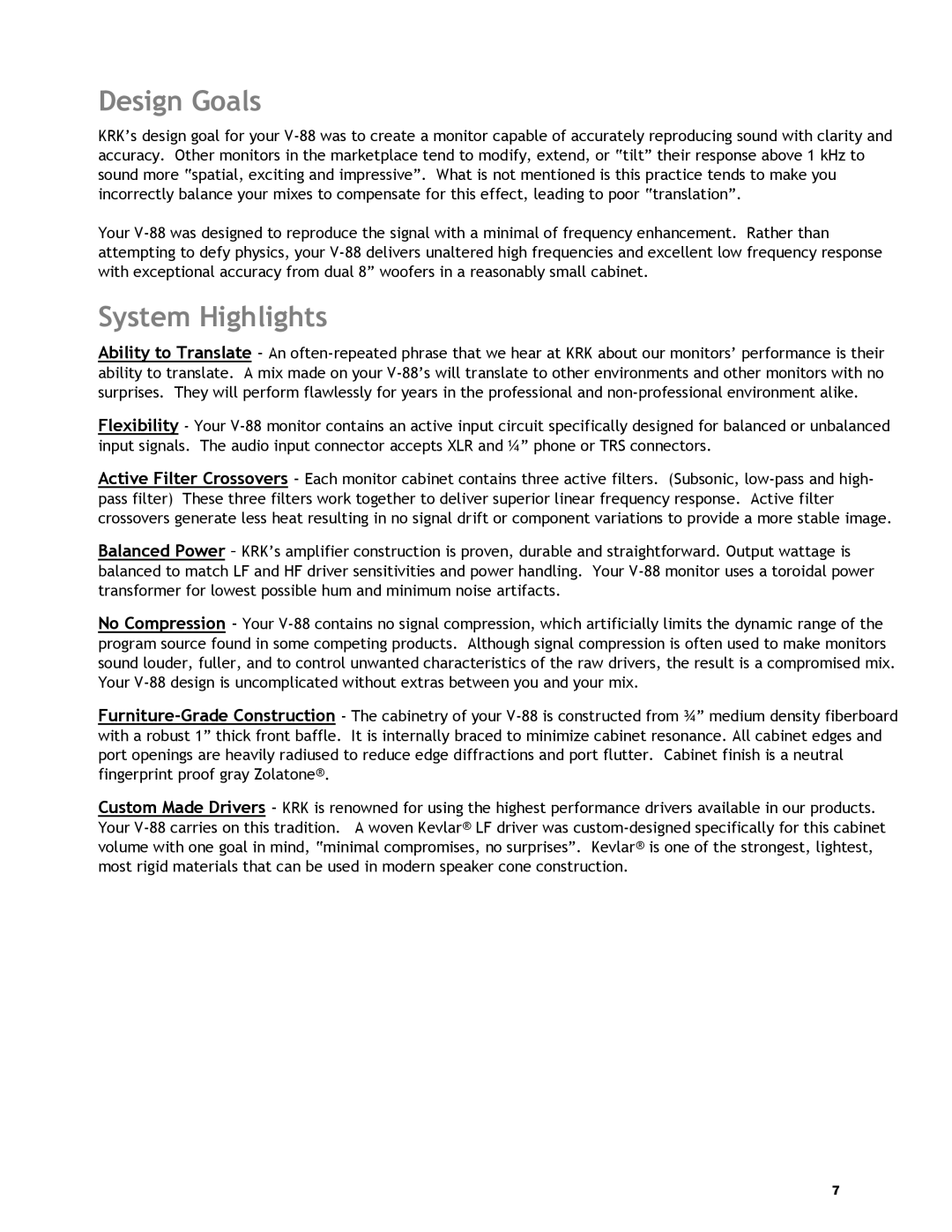 KRK V-88 manual Design Goals, System Highlights 