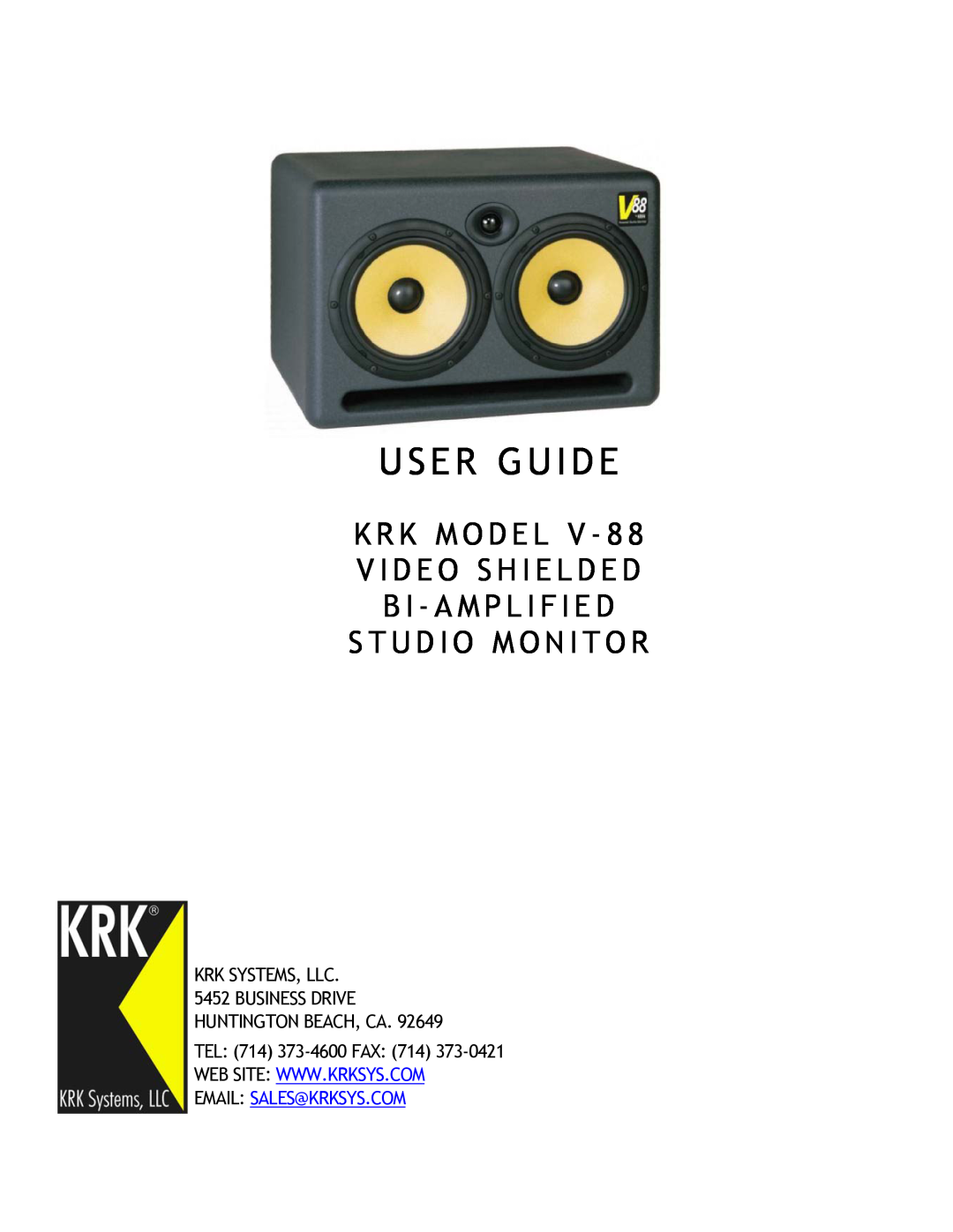 KRK V-88 manual User Guide, K R K M O D E L V - 8 V I D E O S H I E L D E D, Krk Systems, Llc, TEL 714 373-4600FAX 