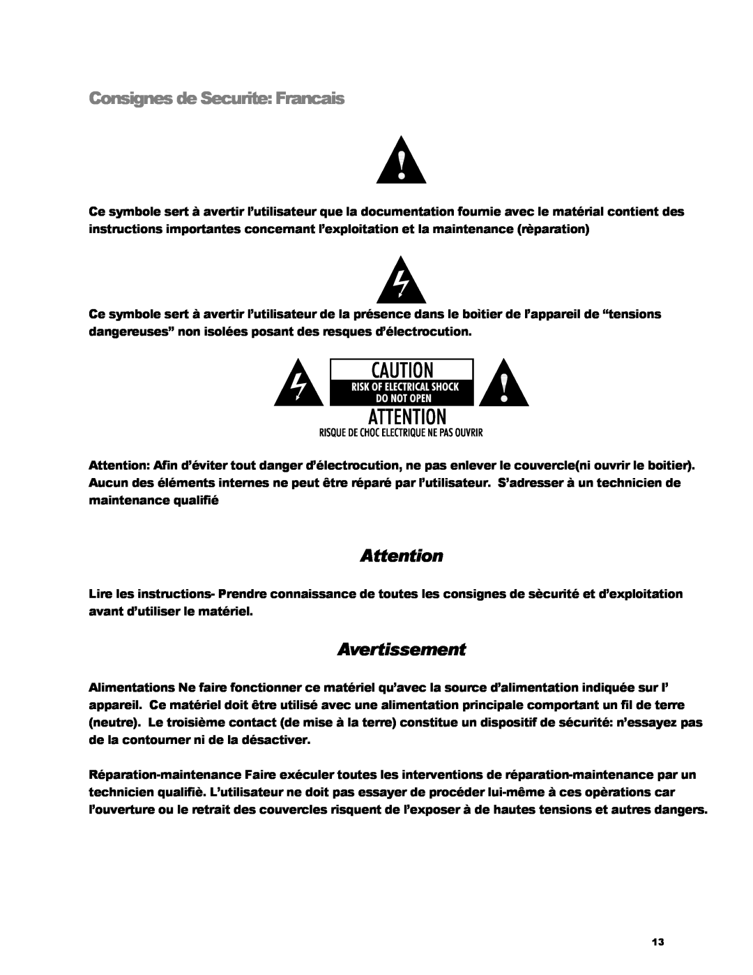 KRK V-88 manual Consignes de Securite Francais, Avertissement 