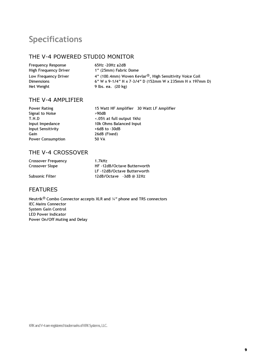 KRK V4 manual Specifications, V-4 Powered Studio Monitor 