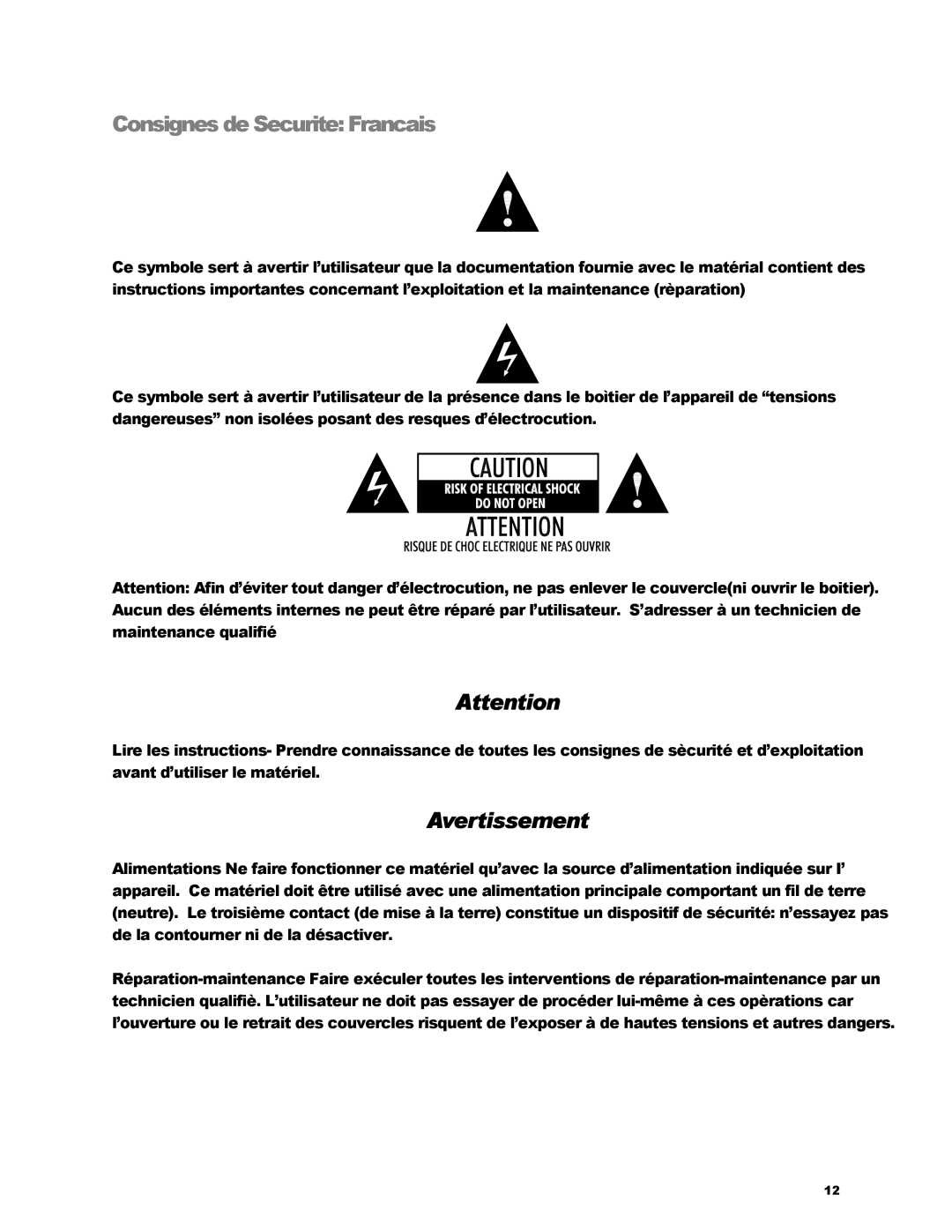 KRK V4 manual Consignes de Securite Francais, Avertissement 