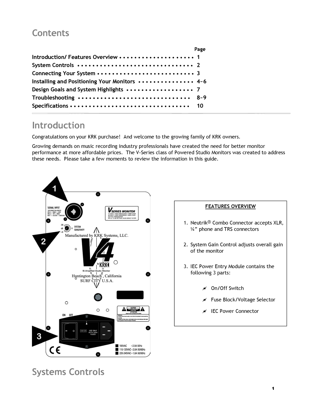 KRK V4 manual Contents, Introduction, Systems Controls 