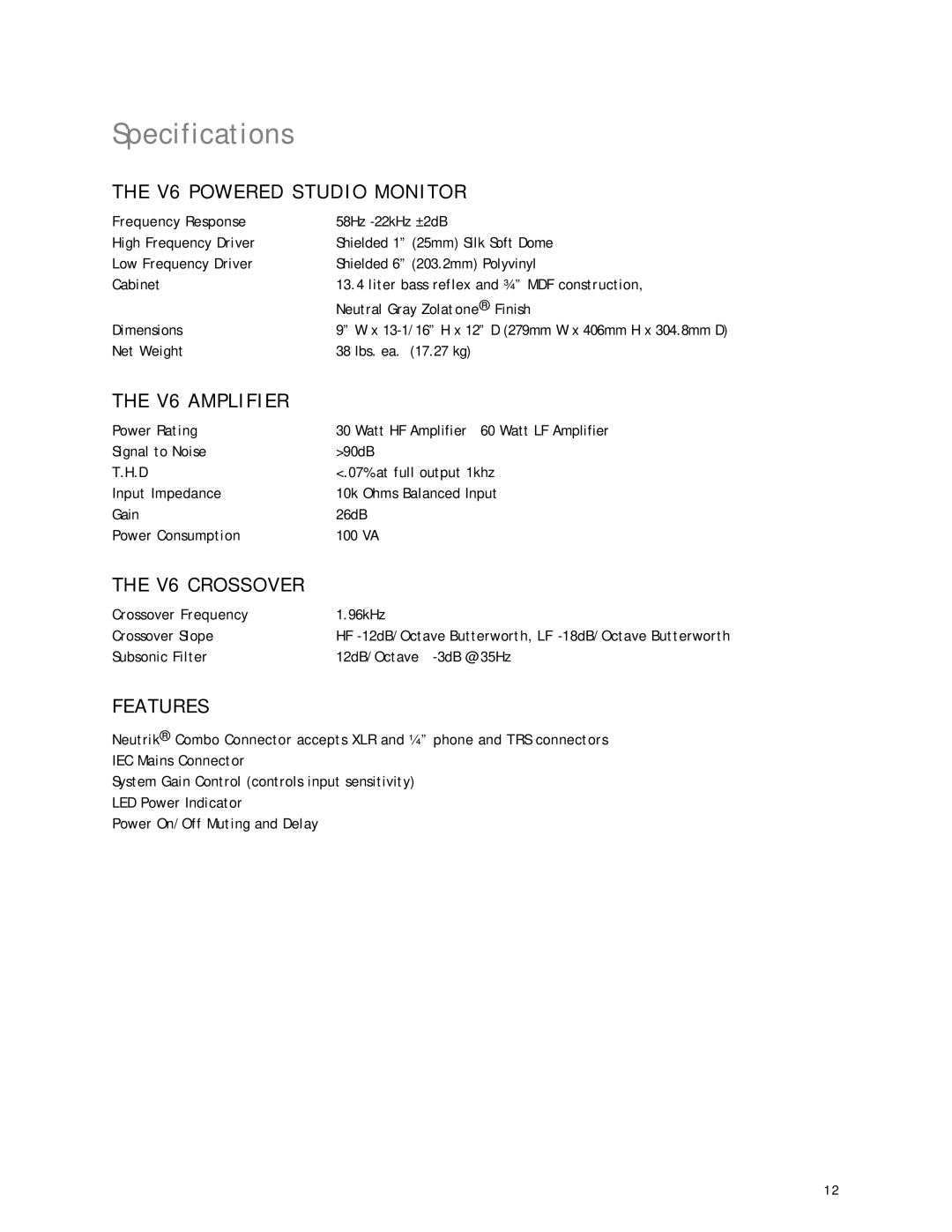 KRK manual Specifications, V6 Powered Studio Monitor 