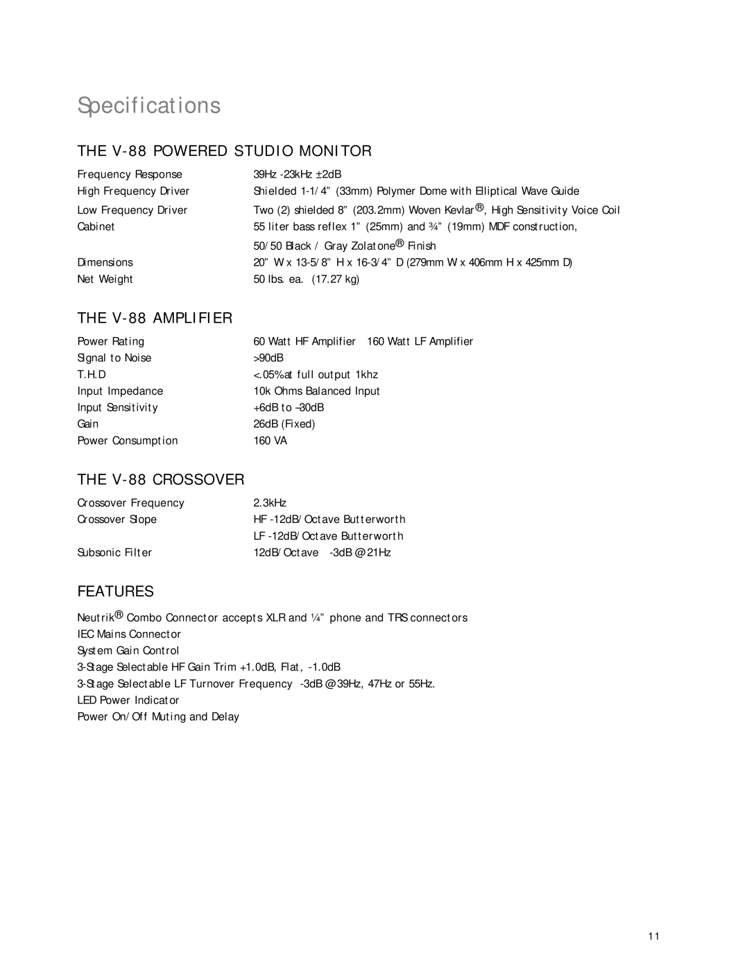 KRK V88 manual Specifications, V-88 Powered Studio Monitor 