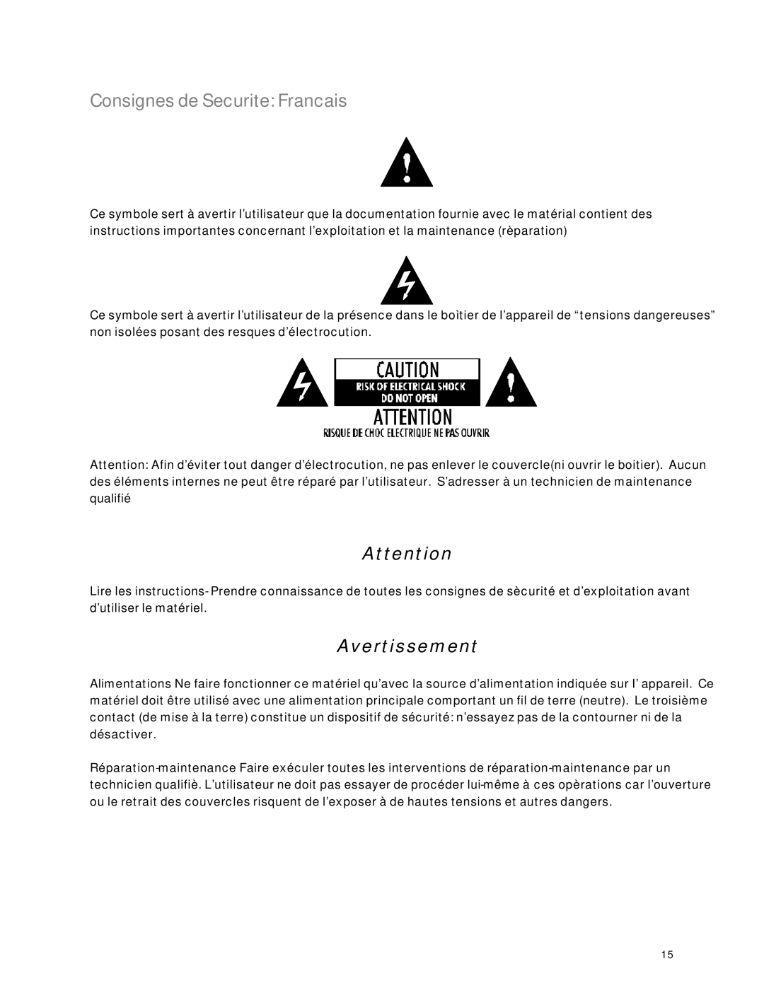 KRK V88 manual ConsignesdeSecuriteFrancais, Avertissement 