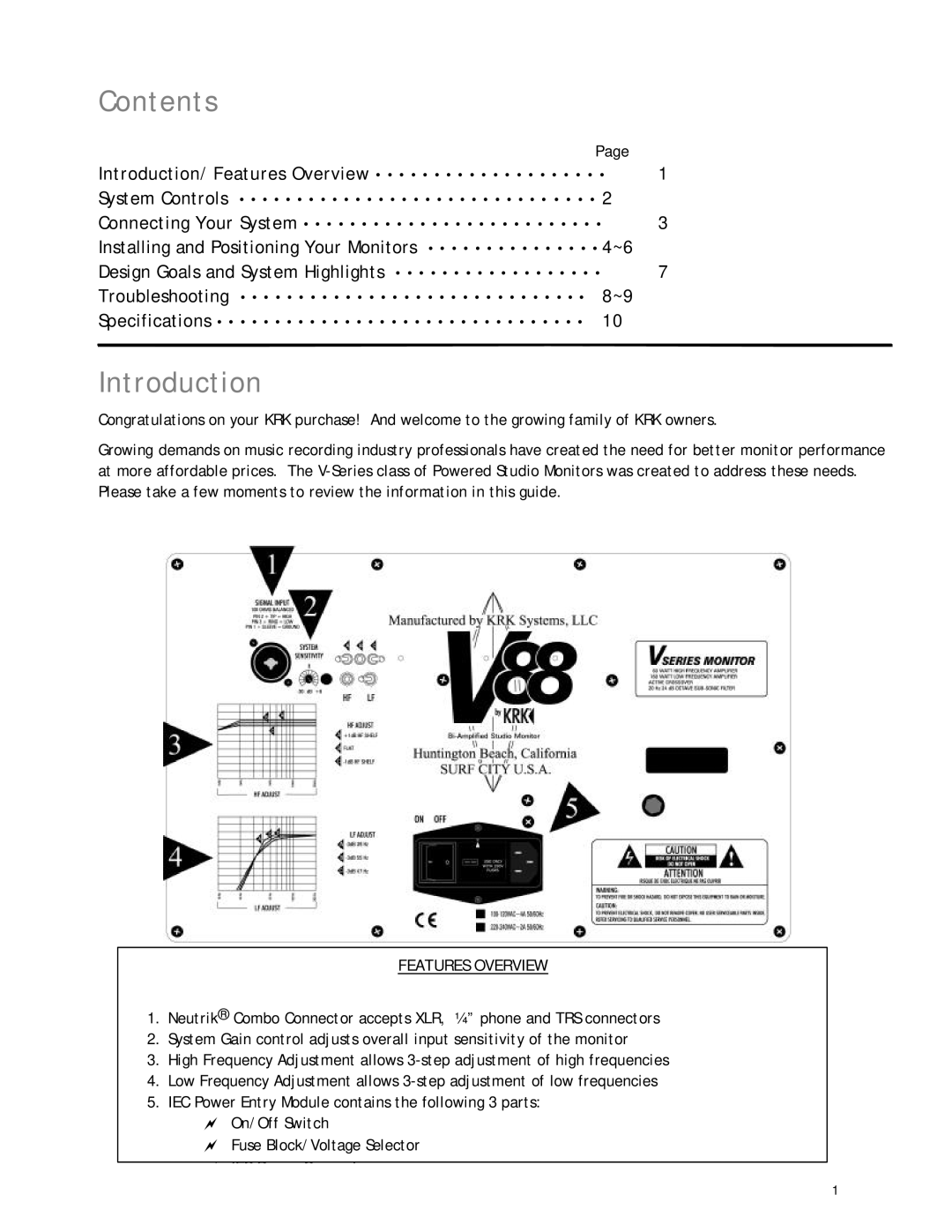 KRK V88 manual Contents, Introduction 