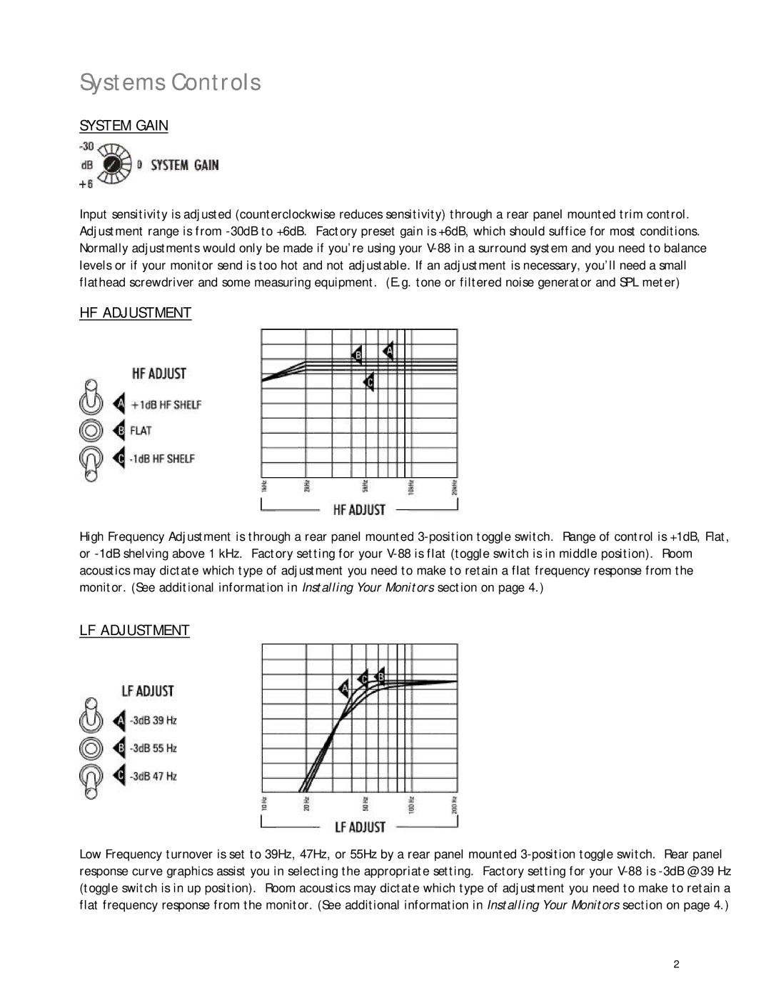 KRK V88 manual Systems Controls, System Gain, HF Adjustment, LF Adjustment 