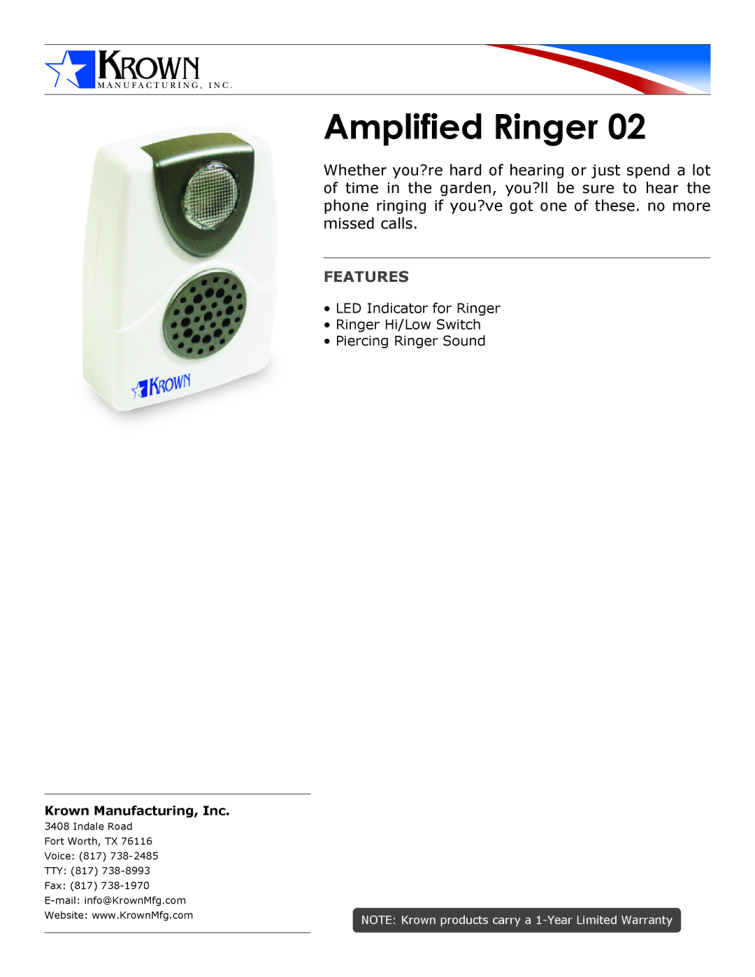 Krown Manufacturing 02 warranty Amplified Ringer, Features 