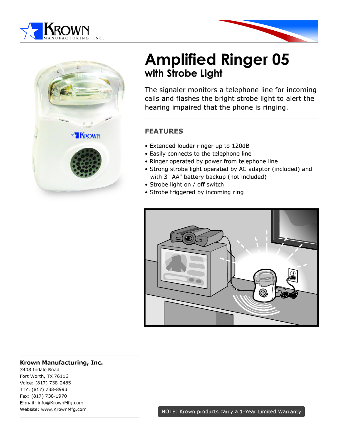 Krown Manufacturing 05 warranty Amplified Ringer, With Strobe Light, Features, Krown Manufacturing, Inc 