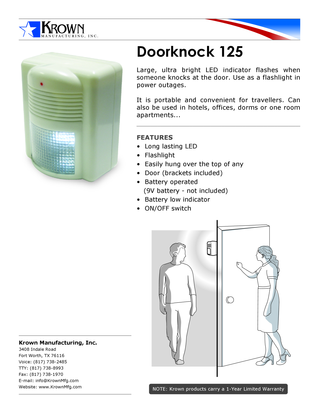 Krown Manufacturing 125 warranty Doorknock, Features 