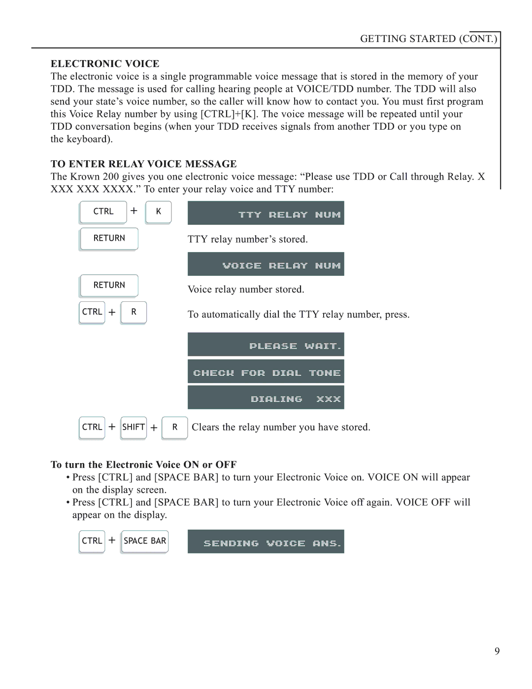 Krown Manufacturing 200 manual TTY Relay NUM, Please Wait Check for Dial Tone Dialing, Sending Voice ANS, Electronic Voice 