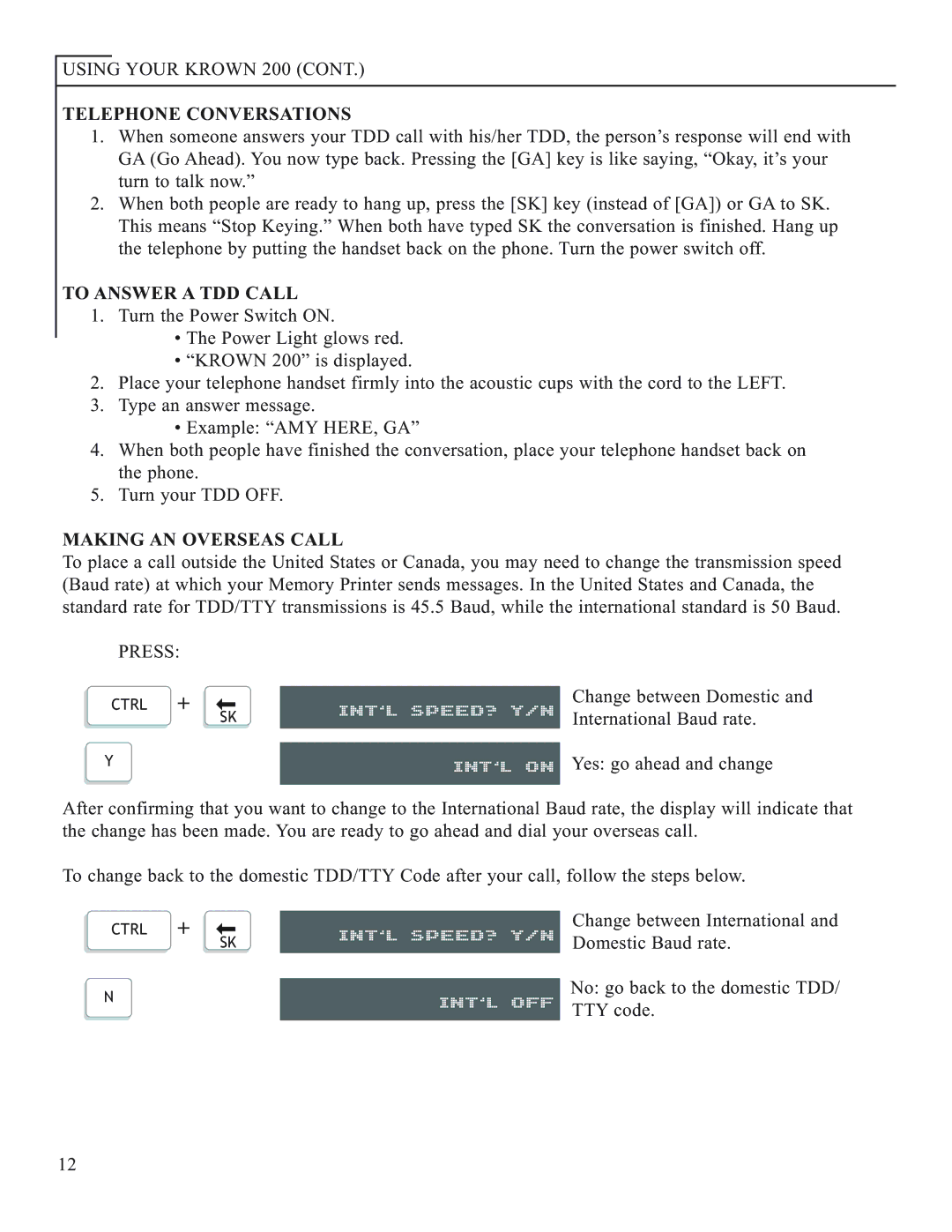 Krown Manufacturing 200 manual INT’L SPEED? Y/N INT’L on, Int’L Speed? Y/N Int’L Off, Telephone Conversations 