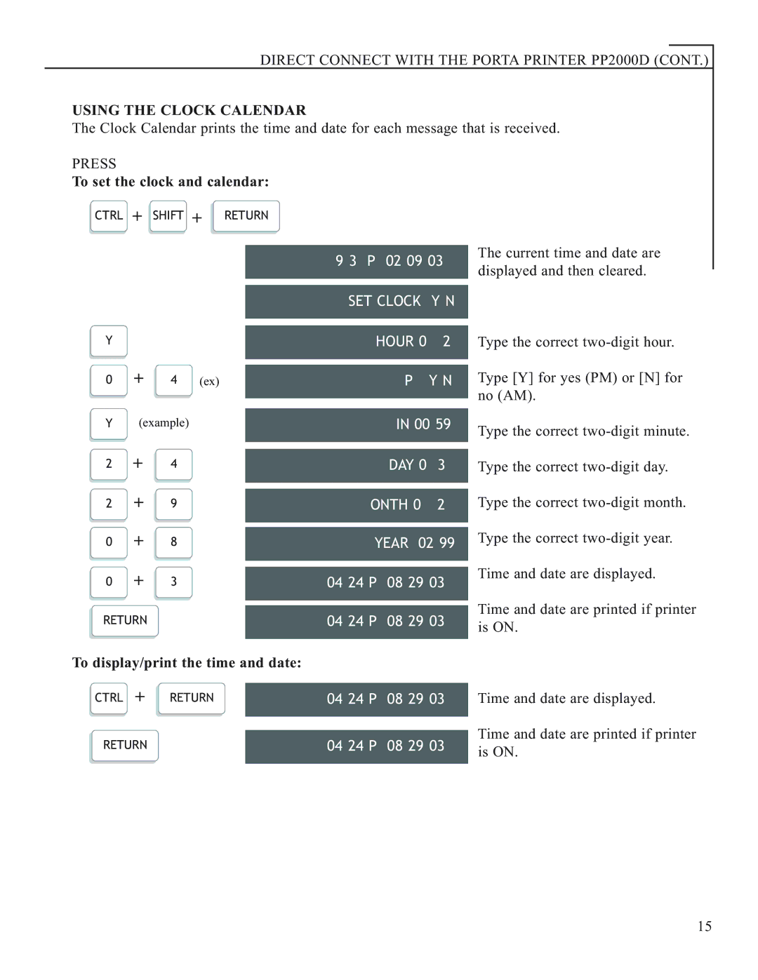 Krown Manufacturing 2000 manual Using the Clock Calendar, Set Clock? Y/N, Pm? Y/N 