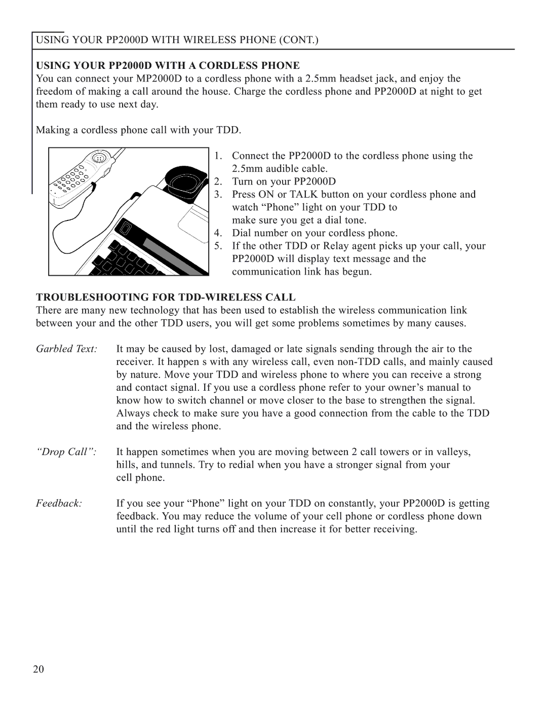 Krown Manufacturing manual Using Your PP2000D with a Cordless Phone, Troubleshooting for TDD-WIRELESS Call 