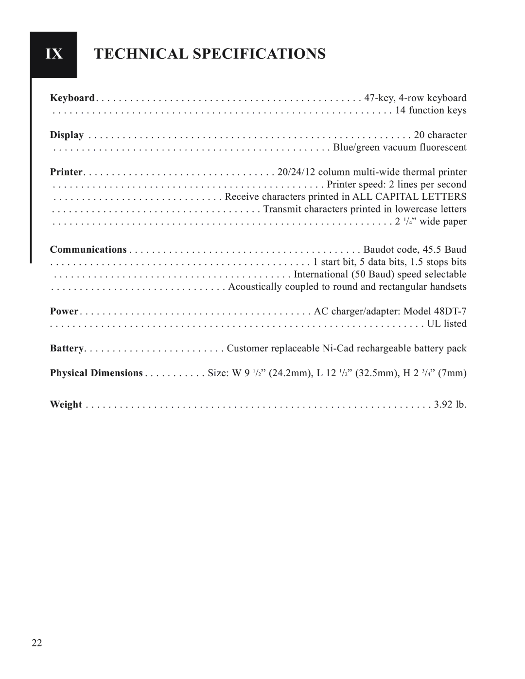 Krown Manufacturing 2000 manual IX Technical Specifications 