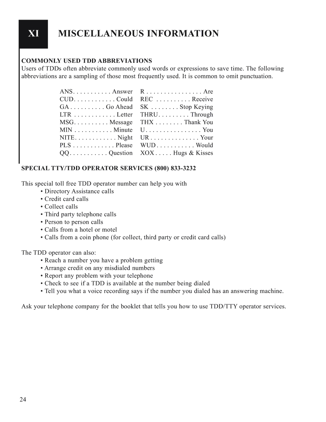 Krown Manufacturing 2000 manual XI Miscellaneous Information, Commonly Used TDD Abbreviations 