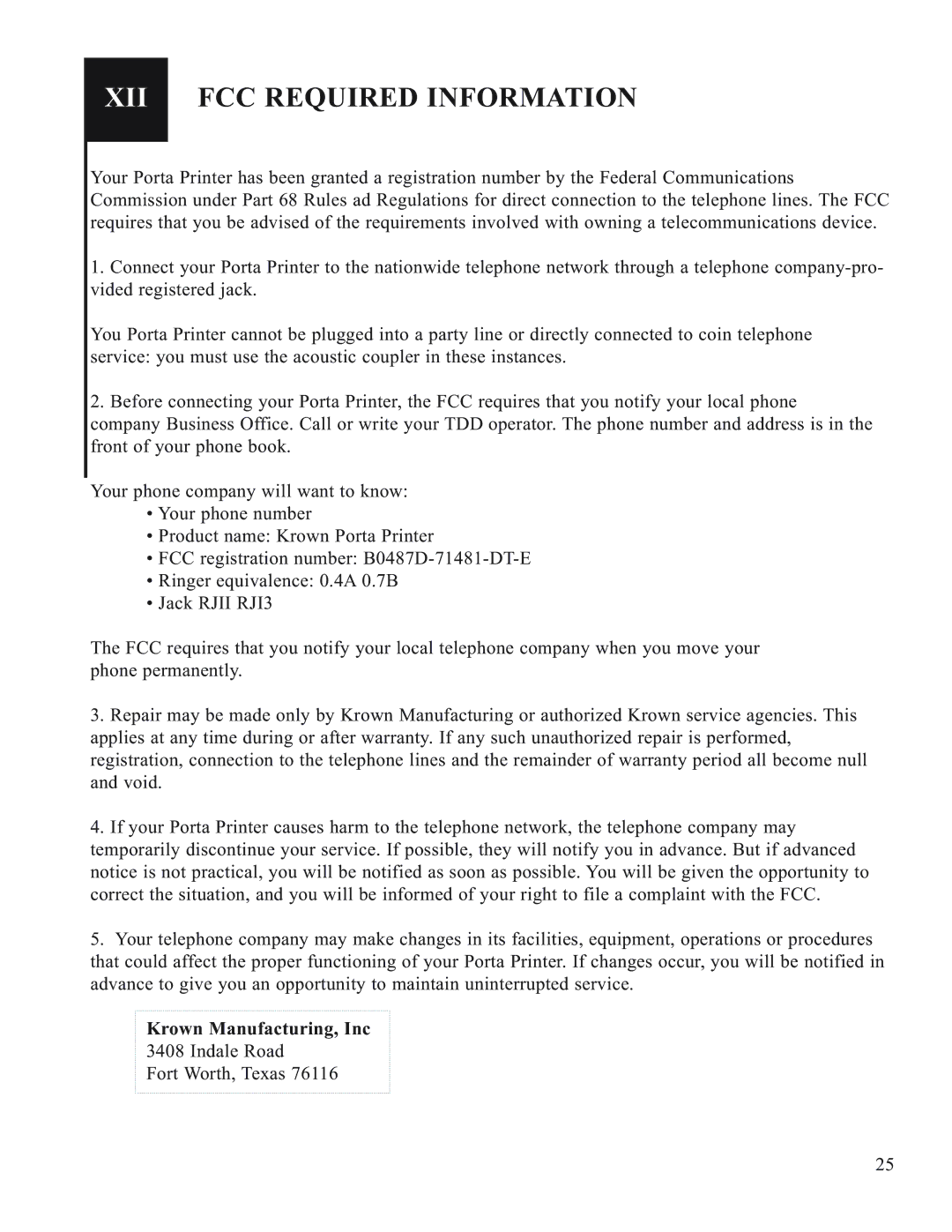 Krown Manufacturing 2000 manual XII FCC Required Information 